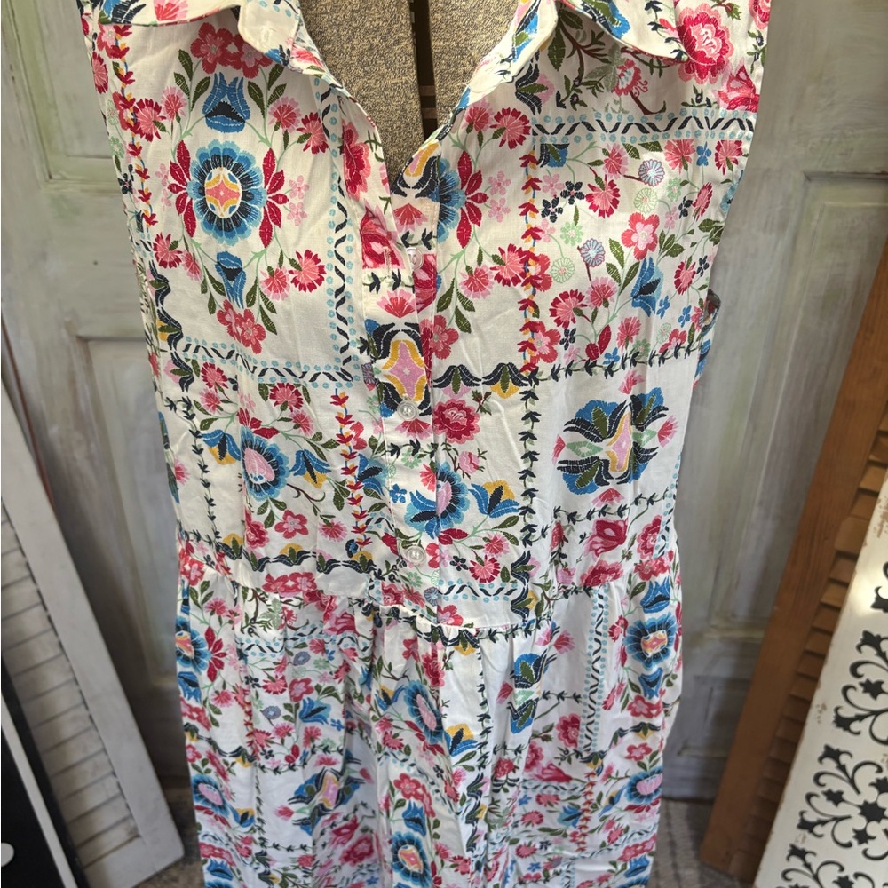 Rachel Zoe White Floral Midi Dress with Pink & Blue Accents